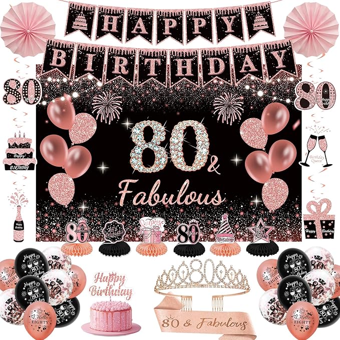 80th Birthday Decorations for Women - Rose Gold 37Pcs Golden Years Celebration Party Kit with Banner, Backdrop, Tiara, Sash, Cake Topper, Latex Balloons, Hanging Swirls, Centerpieces | Party Supplies