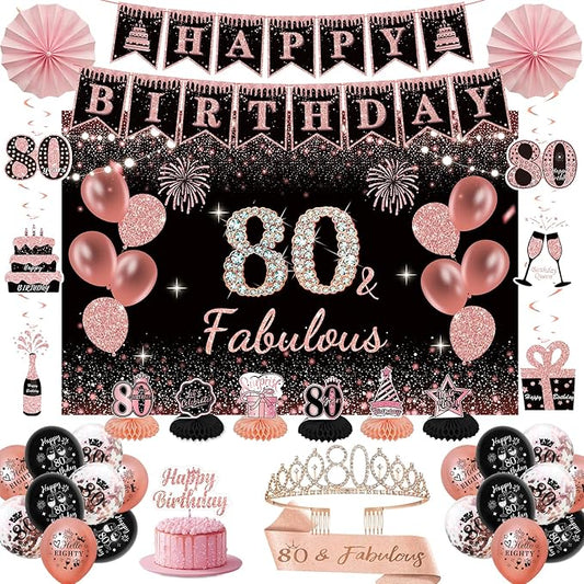 80th Birthday Decorations for Women - Rose Gold 37Pcs Golden Years Celebration Party Kit with Banner, Backdrop, Tiara, Sash, Cake Topper, Latex Balloons, Hanging Swirls, Centerpieces | Party Supplies