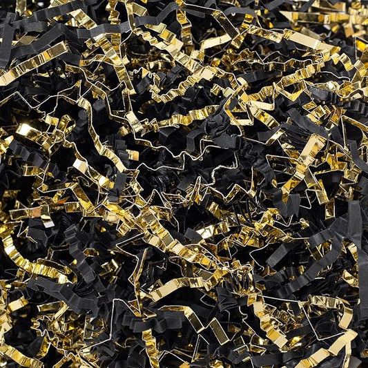 Wowxyz 1 LB Crinkle Cut Paper Shred Black & Gold Crinkle Shredded Paper for Gift Baskets - Gift Box Bag Filler - Confetti Stuffing for Birthday, Holiday Present Packaging Wrapping