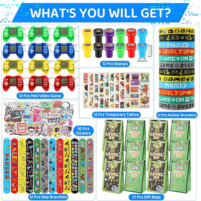 LiYiQ 122 Pcs Video Game Party Favors With Video Game Keychains Slap Bracelets Temporary Tattoos Silicone Wristband Gift Tags Stamps Stickers and Gift Bags for Gamer Birthday Party Supplies