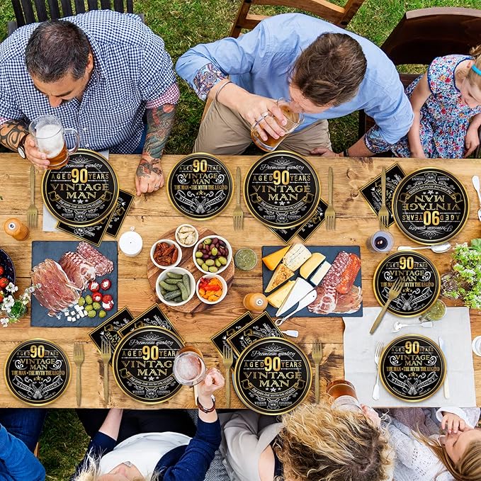 Wiooffen 96 Pcs Vintage 90th Party Tableware Set Back in 1936 90th Theme Birthday Party Table Decoration Supplies Cheers to 90 Years Paper Plate Napkin Fork 24 Guests for Men