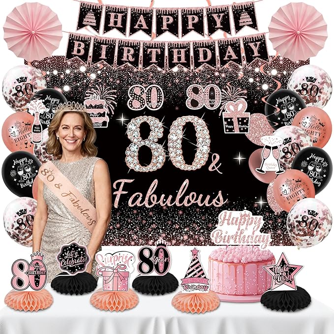 80th Birthday Decorations for Women - Rose Gold 37Pcs Golden Years Celebration Party Kit with Banner, Backdrop, Tiara, Sash, Cake Topper, Latex Balloons, Hanging Swirls, Centerpieces | Party Supplies