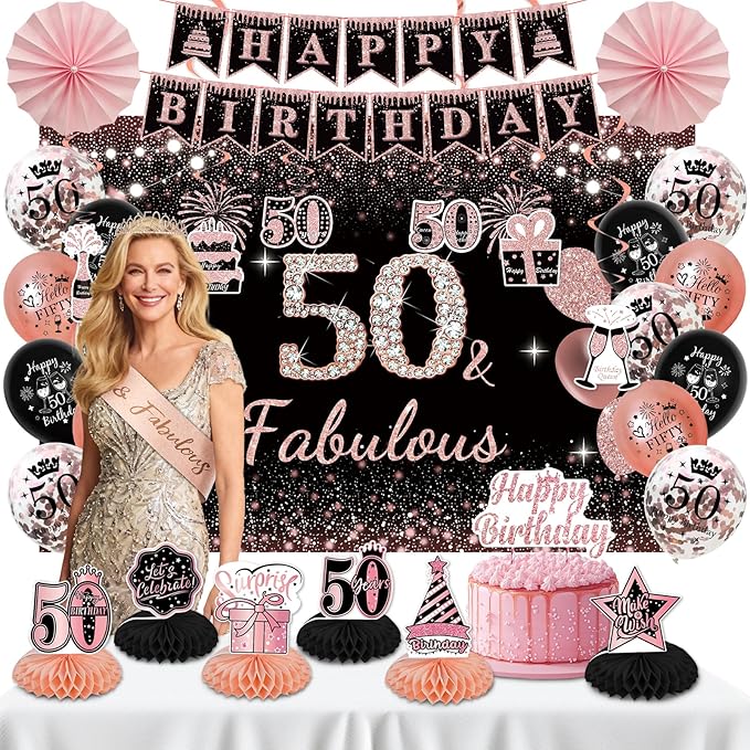 50th Birthday Decorations for Women - Rose Gold 37Pcs All-in-One Party Kit with Banner, Backdrop, Tiara, Sash, Cake Topper, Latex Balloons, Hanging Swirls, Centerpieces