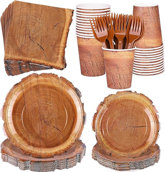 Kochorie 144 Pieces Camping Wood Grain Slice Tableware Sets Rustic Wood Party Decorations Paper Plates Napkins Cups Forks Serves 24 for Forest Themed Party Decorations Hunting Birthday Supplies