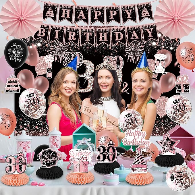 30th Birthday Decorations for Women - Rose Gold 37Pcs Complete Party Kit with Banner, Backdrop, Tiara, Sash, Cake Topper, Latex Balloons, Hanging Swirls, Centerpieces | Birthday Party Supplies