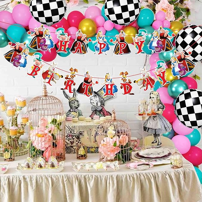 "Alice in Wondrland Happy Birthday Banner – Whimsical Fairy Tale Birthday Party Decoration – Colorful Hanging Banner for Girls & Boys Themed Party, Dessert Table, High Chair, and Photo Backdrop"