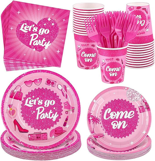 Kochorie 144 Pieces Let's Go Party Tableware Sets Including Disposable Plates Napkins Cups Forks Serves 24 for Birthday Disco Pink Girl Party Supplies