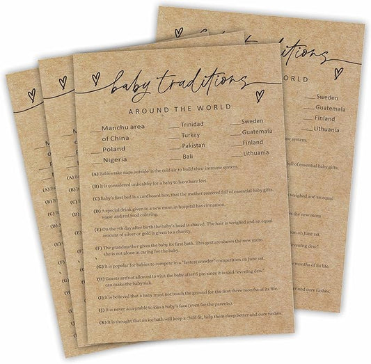 Baby Traditions -Baby Shower Game kit, 30 Praft Paper Game Cards with 1 Answer Card, Gender Reveal Games, Gender Neutral Party Favor Supplies,Party Game & Activities-A14