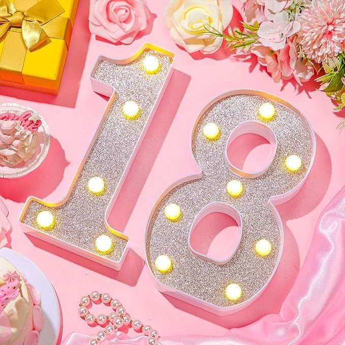 Treela 8.7'' Birthday Decorative LED Light up Numbers, Glitter Marquee Number Sign for Night Birthday Party Decorations Anniversary Bar LED Sign Backdrop Wall Table Centerpieces(18th,Rose Gold)