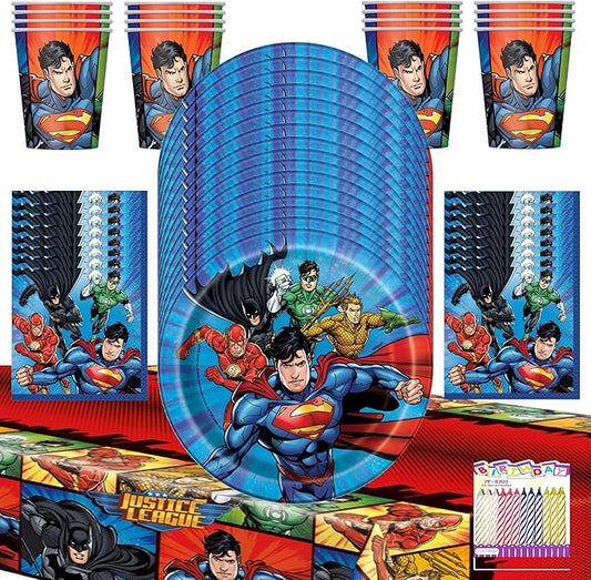 Justice League Party Supplies Pack for 16 Guests – Officially Licensed – Plates, Napkins, Cups & Table Cover – Includes Birthday Candles – Superhero Birthday Party Decorations