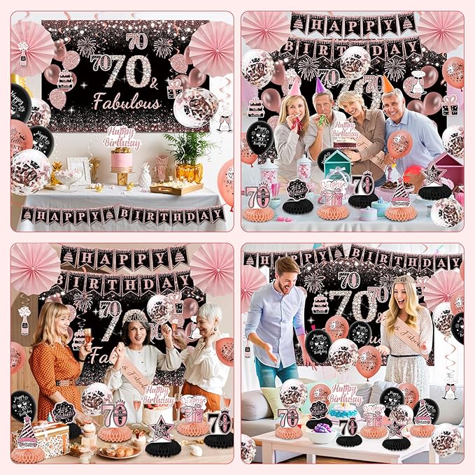 70th Birthday Decorations for Women - Rose Gold 37Pcs Platinum Celebration Party Kit with Banner, Backdrop, Tiara, Sash, Cake Topper, Latex Balloons, Hanging Swirls, Centerpieces | Party Supplies