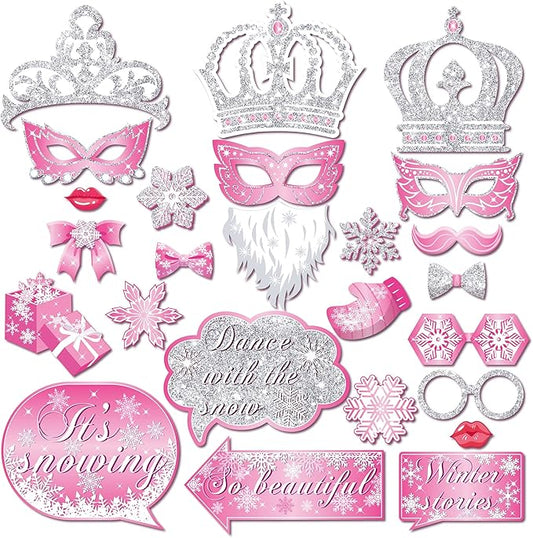 25 PCS Pink Snowflake Photo Booth Props, Fun Decoration Props, Winter Theme Suitable for Christmas, Birthdays, and All Occasions
