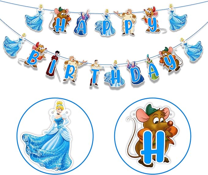 "Cnderela Happy Birthday Banner – Princess Theme Birthday Party Supplies for Girls – Elegant Fairytale Birthday Decorations with Glitter Letters, Castle and Crown Design – Perfect for Party Décor"