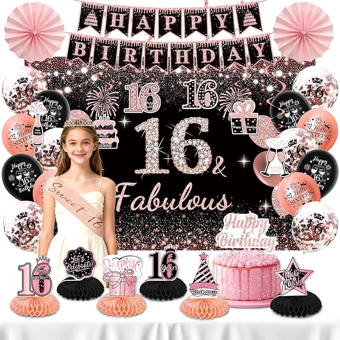 16th Birthday Decorations for Girls - Rose Gold Sweet 37Pcs All-in-One Party Kit with Banner, Backdrop, Tiara, Sash, Cake Topper, Latex Balloons, Hanging Swirls, Centerpieces | Birthday Party Supplies