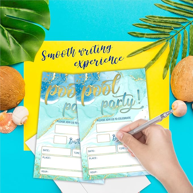 Pool Party Birthday Invitations(4"X 6"), Gold & Blue Double-Sided Invites, Kids & Adults Birthday Invites With Envelopes, Party Decoration & Supplies - Pi- A08