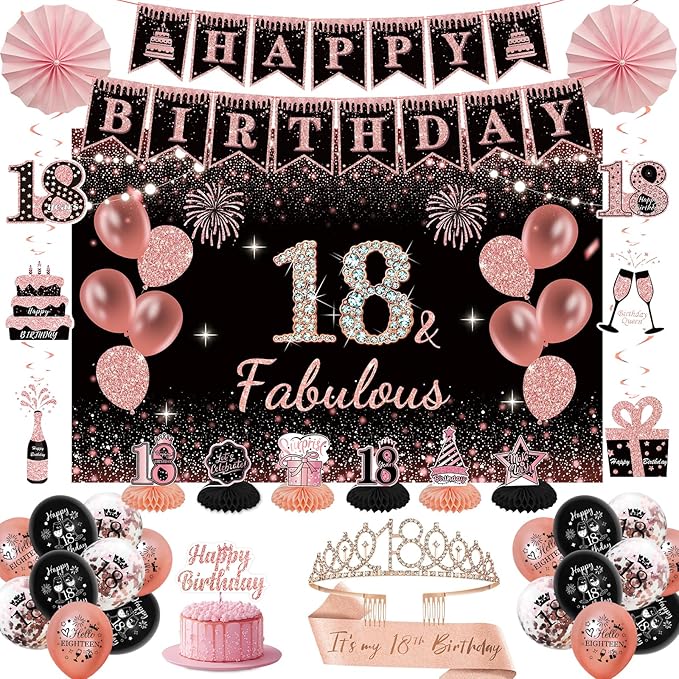 18th Birthday Decorations for Girls - Rose Gold 37Pcs Complete Party Kit with Banner, Backdrop, Tiara, Sash, Cake Topper, Latex Balloons, Hanging Swirls, Centerpieces | Birthday Party Supplies
