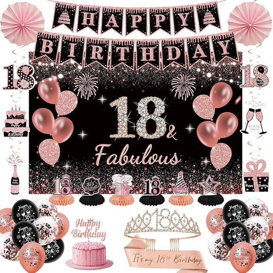 18th Birthday Decorations for Girls - Rose Gold 37Pcs Complete Party Kit with Banner, Backdrop, Tiara, Sash, Cake Topper, Latex Balloons, Hanging Swirls, Centerpieces | Birthday Party Supplies