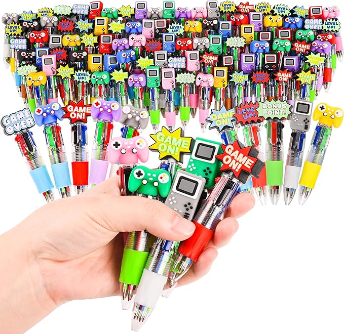 LiYiQ 100 Pcs Video Game Party Favors Multicolor Pen in One Cartoon Cute Fun 4-in-1 Cute Pens Bulk Kawaii Game Handle Level Up Games Console Shape Cool Ballpoint Pens for Kids Fun Gifts