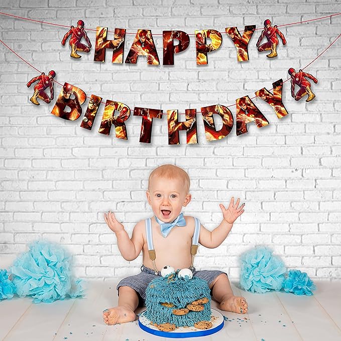 "Flsh Happy Birthday Banner – Superhero Theme Party Decoration for Boys and Girls – Vibrant Lightning Bolt Design Hanging Banner for Birthday Celebrations, Comic Hero Parties, and Photo Backdrops"