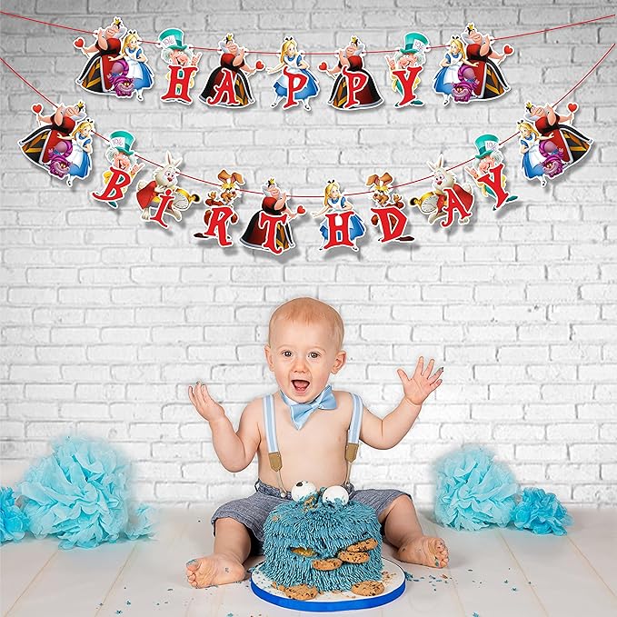 "Alice in Wondrland Happy Birthday Banner – Whimsical Fairy Tale Birthday Party Decoration – Colorful Hanging Banner for Girls & Boys Themed Party, Dessert Table, High Chair, and Photo Backdrop"