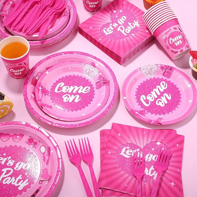 Kochorie 144 Pieces Let's Go Party Tableware Sets Including Disposable Plates Napkins Cups Forks Serves 24 for Birthday Disco Pink Girl Party Supplies