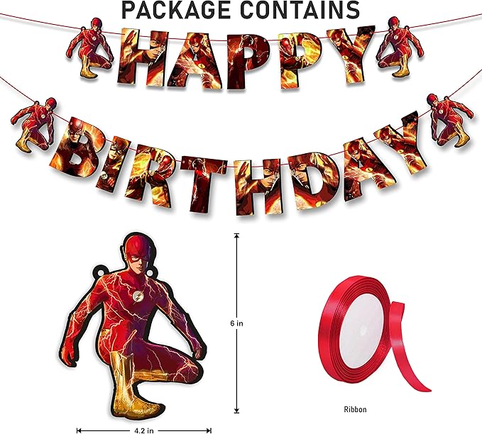 "Flsh Happy Birthday Banner – Superhero Theme Party Decoration for Boys and Girls – Vibrant Lightning Bolt Design Hanging Banner for Birthday Celebrations, Comic Hero Parties, and Photo Backdrops"