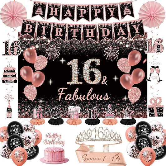 16th Birthday Decorations for Girls - Rose Gold Sweet 37Pcs All-in-One Party Kit with Banner, Backdrop, Tiara, Sash, Cake Topper, Latex Balloons, Hanging Swirls, Centerpieces | Birthday Party Supplies