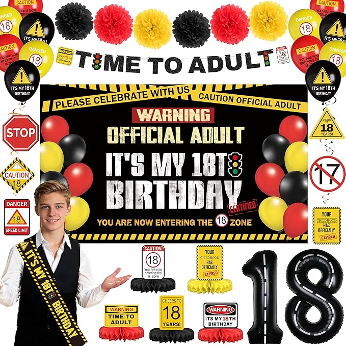 THAWAY 18th Birthday Decorations for Boys - “Hide The Car Keys” Happy 18th Birthday Caution Party Kit 49pcs with Backdrop, Banner, Sign Balloons & Photo Props for Teen Driver