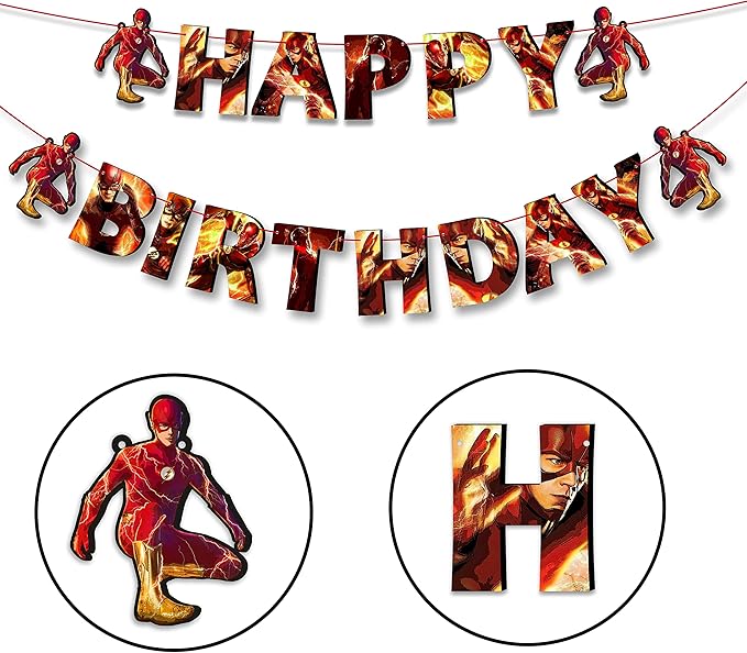 "Flsh Happy Birthday Banner – Superhero Theme Party Decoration for Boys and Girls – Vibrant Lightning Bolt Design Hanging Banner for Birthday Celebrations, Comic Hero Parties, and Photo Backdrops"
