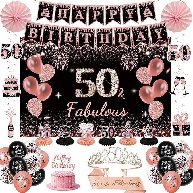 50th Birthday Decorations for Women - Rose Gold 37Pcs All-in-One Party Kit with Banner, Backdrop, Tiara, Sash, Cake Topper, Latex Balloons, Hanging Swirls, Centerpieces