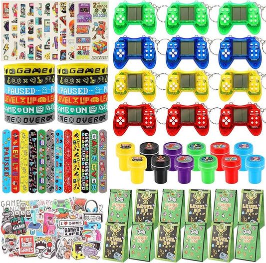 LiYiQ 122 Pcs Video Game Party Favors With Video Game Keychains Slap Bracelets Temporary Tattoos Silicone Wristband Gift Tags Stamps Stickers and Gift Bags for Gamer Birthday Party Supplies