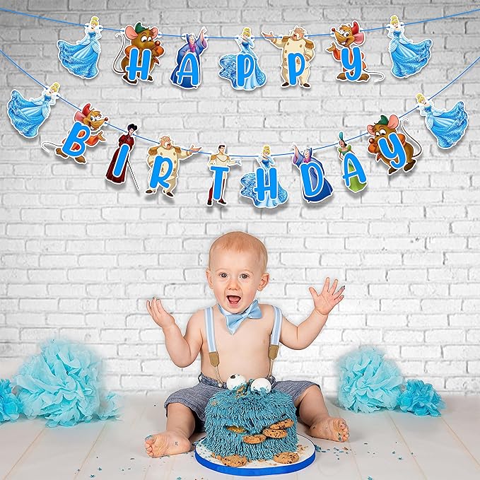 "Cnderela Happy Birthday Banner – Princess Theme Birthday Party Supplies for Girls – Elegant Fairytale Birthday Decorations with Glitter Letters, Castle and Crown Design – Perfect for Party Décor"