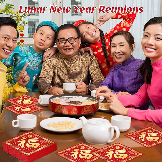 50 PCS Chinese New Year Decorations 2026, Folded Chinese New Year Napkins, 6.5" Paper Red Fu Lunar New Year Napkins, Disposable Year of the Horse 2026 Party Decorations for Spring Festival