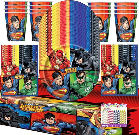 Justice League Party Supplies Pack for 16 Guests – Officially Licensed – Includes 9" Plates, Luncheon Napkins, Cups, Table Cover & Birthday Candles – Superhero Birthday Party Decorations for Kids
