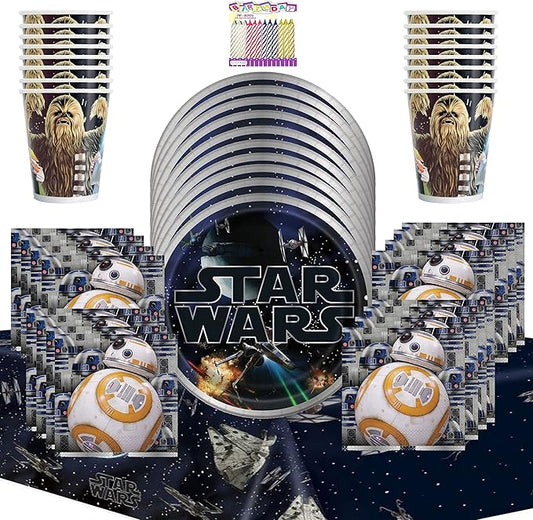 Bundle of 5 Items Classic Star Wars Party Supplies Pack Serves 16 Plates Lunch Napkins Cups and Table Cover Includes Birthday Candles