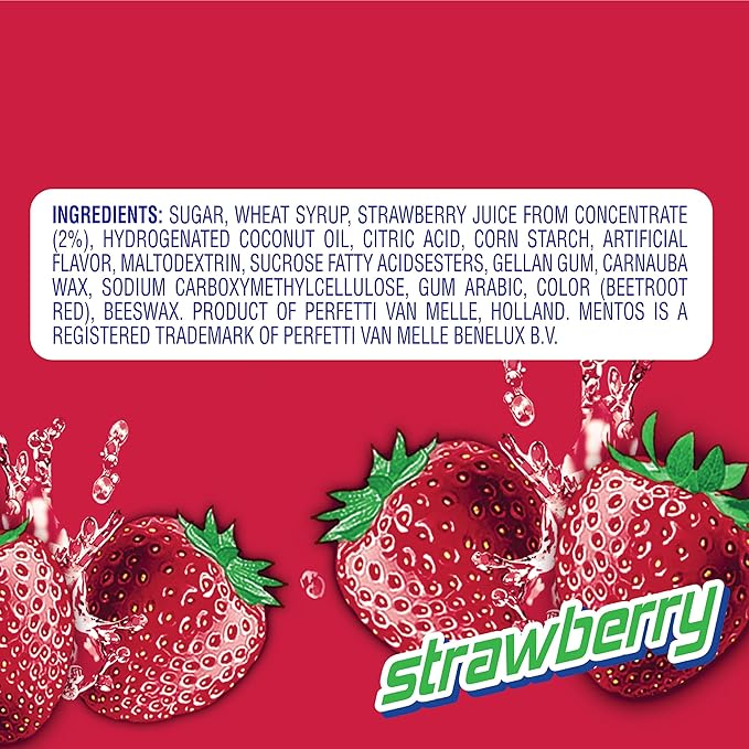 Mentos Chewy Mint Candy Roll, Strawberry Mint Candies, 14 Pieces Per Roll, 15 Count Party Pack