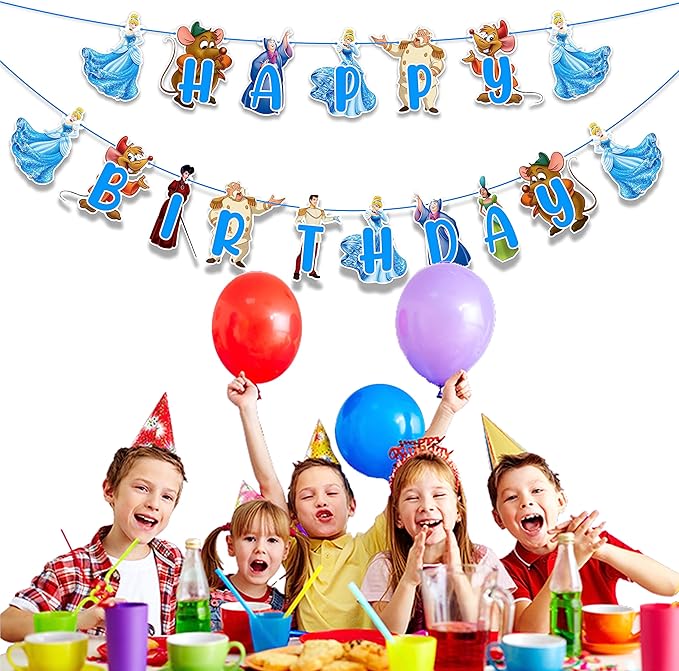 "Cnderela Happy Birthday Banner – Princess Theme Birthday Party Supplies for Girls – Elegant Fairytale Birthday Decorations with Glitter Letters, Castle and Crown Design – Perfect for Party Décor"