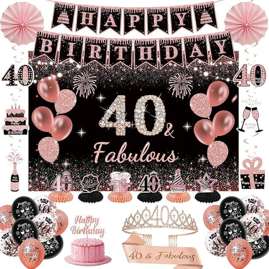 40th Birthday Decorations for Women - Rose Gold 37Pcs All-in-One Party Kit with Banner, Backdrop, Tiara, Sash, Cake Topper, Latex Balloons, Hanging Swirls, Centerpieces