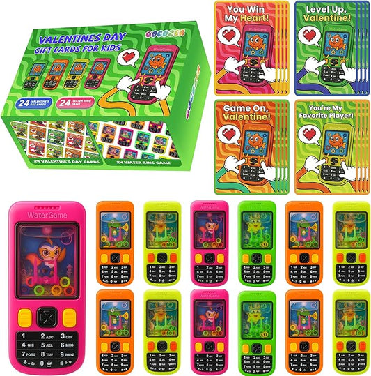 Gocozer 24 Packs Water Ring Games Handheld with Valentine Cards for Kids Birthday Classroom Prize Box Rewards Bulk Party Favors Goodie Bags Preschool Valentine Gifts