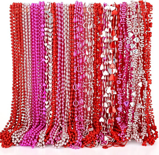 Liliaafar 300 Pack Valentine's Bead Necklace Bulk Red Pink Heart Shaped Bead Necklace for Valentine Accessories Party Favor Gift Bachelorette Party Decorations Supplies, 6 Styles