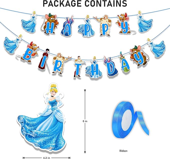 "Cnderela Happy Birthday Banner – Princess Theme Birthday Party Supplies for Girls – Elegant Fairytale Birthday Decorations with Glitter Letters, Castle and Crown Design – Perfect for Party Décor"