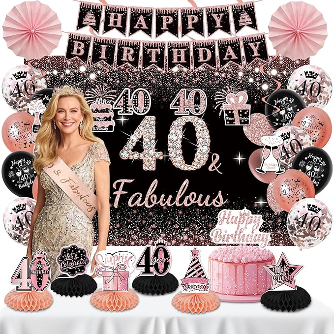 40th Birthday Decorations for Women - Rose Gold 37Pcs All-in-One Party Kit with Banner, Backdrop, Tiara, Sash, Cake Topper, Latex Balloons, Hanging Swirls, Centerpieces