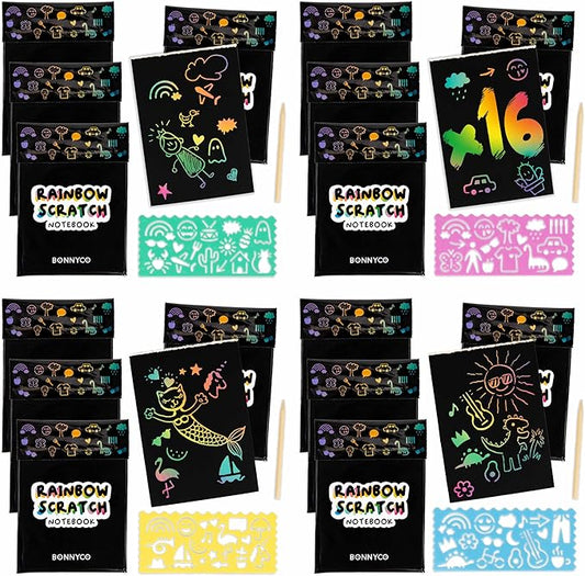 BONNYCO Rainbow Scratch Art for Kids 16 Sets with Notebook, Stencil and Wooden Stylus. Party Favors, Goodie Bags Stuffers for Kids, Classroom Prizes. End of Year Gifts Ages 3 to 12